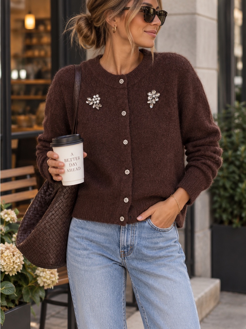 ASTR The Label Chocolate Brown Crystal Embellished Cardigan Sweater Size S